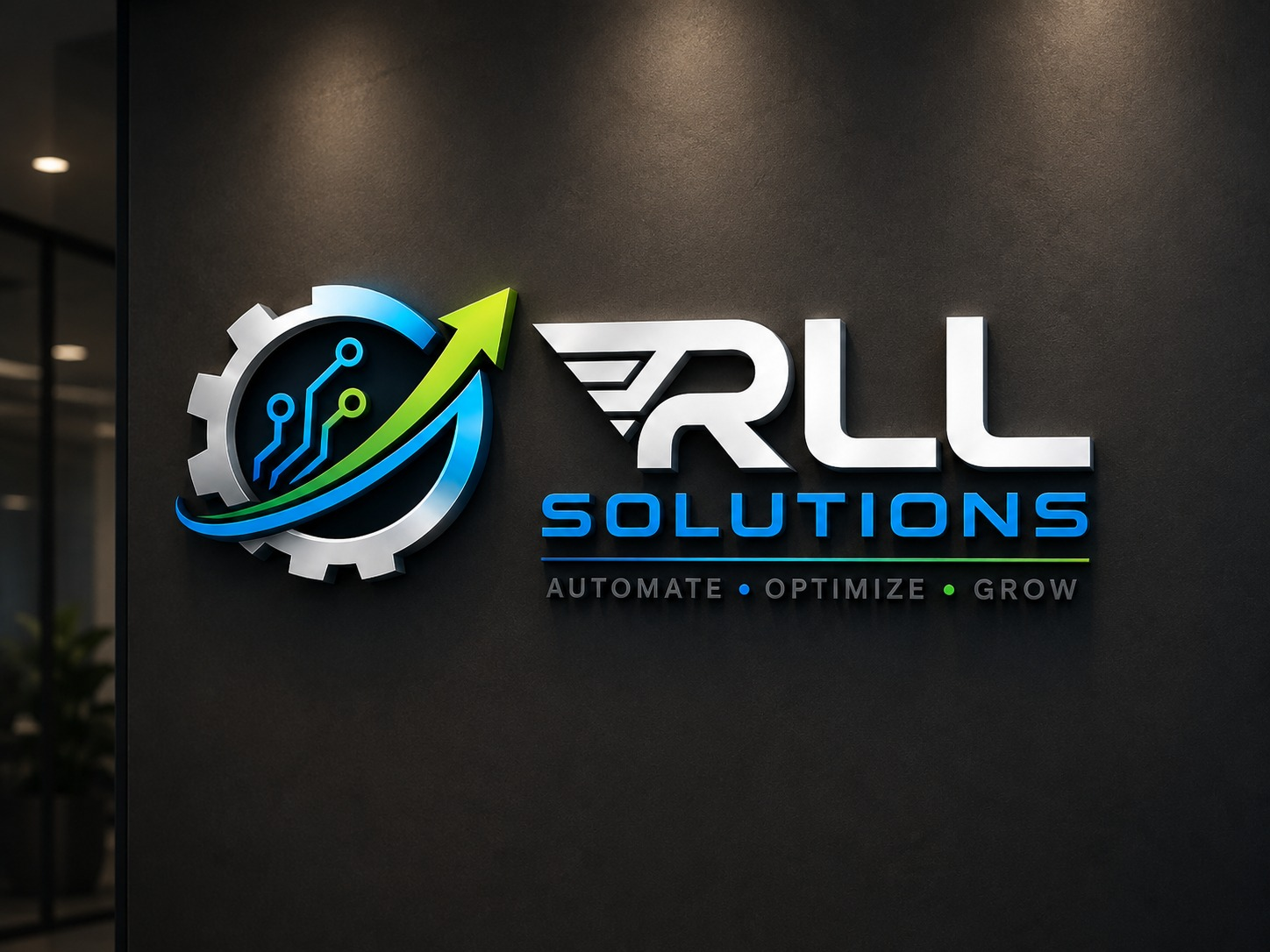 Logótipo RLL Solutions numa parede de escritório