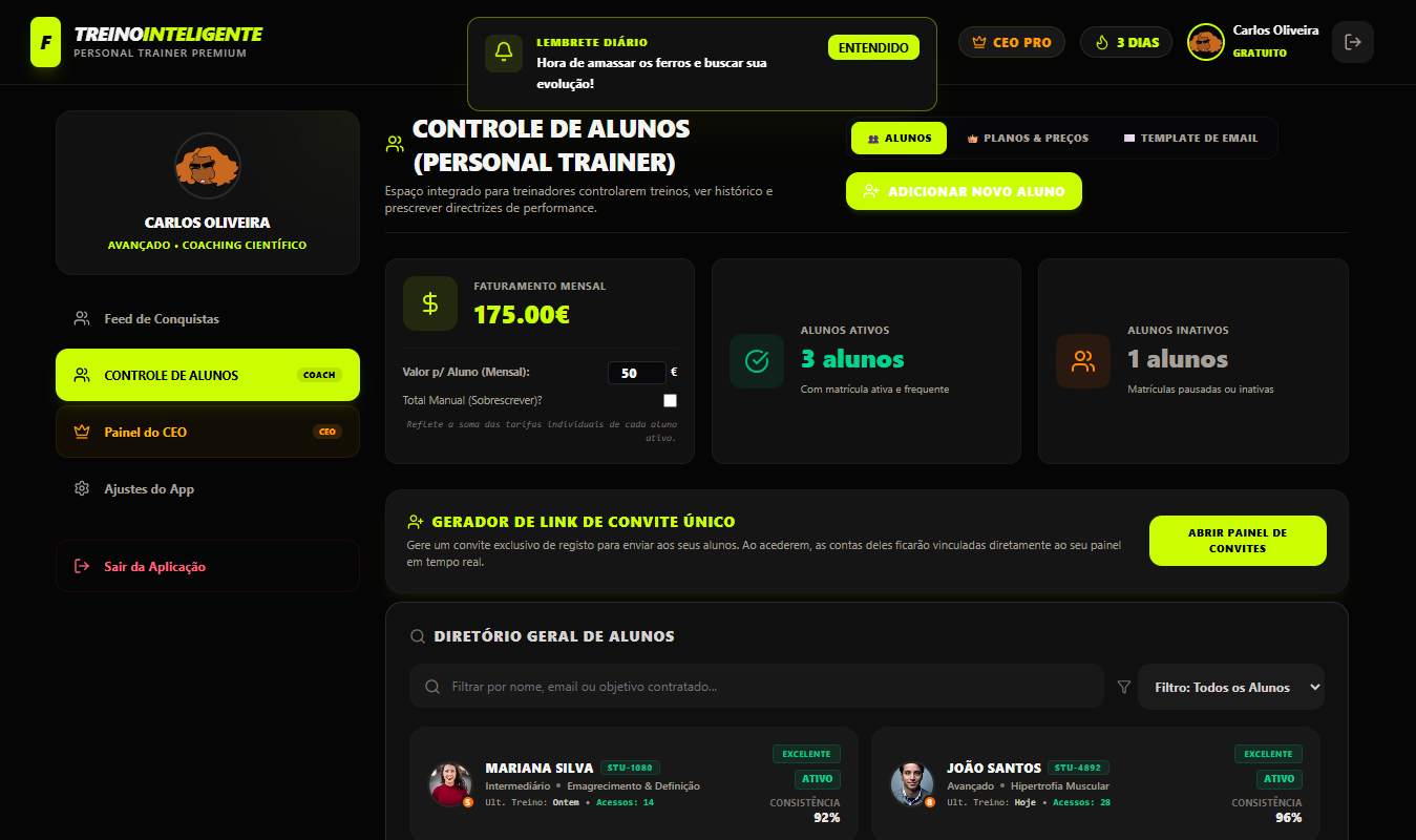 Painel de controlo de alunos para personal trainer